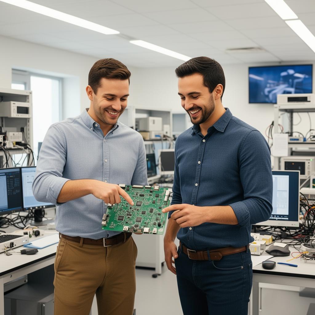 Two engineers collaborating over a PCB board in a modern electronics lab