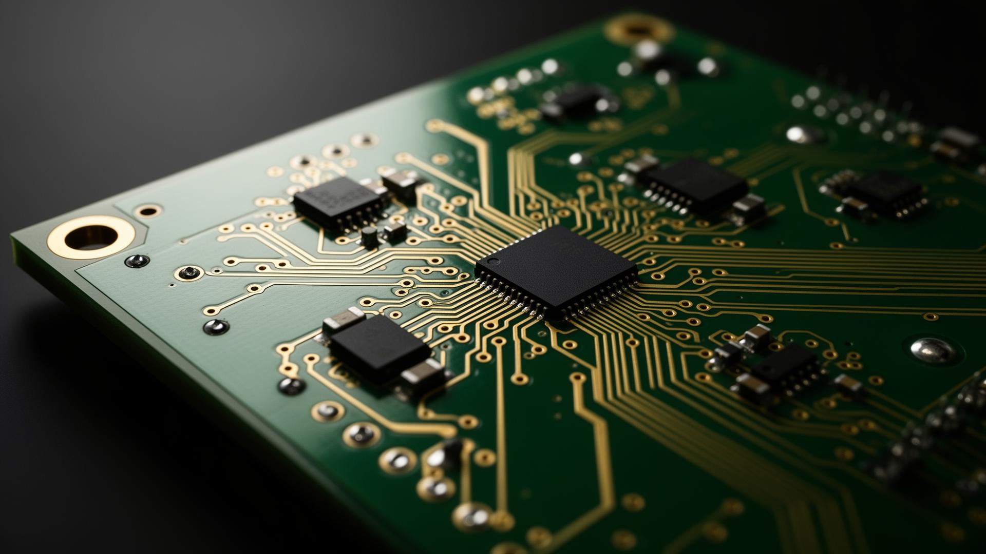 Close-up of a high-quality printed circuit board with gold traces and components