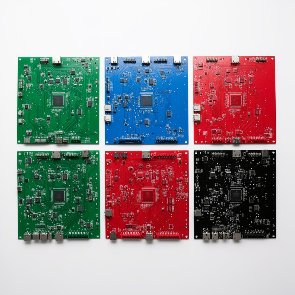 Variety of printed circuit boards in green, blue, red, and black solder mask colors